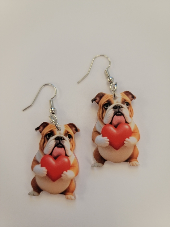 Fashion Jewelry Jewelry - Bulldog Heart Drop Earrings - Red Heart